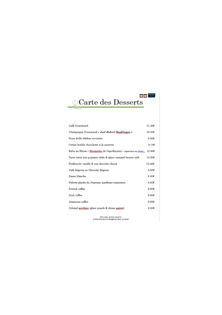   Carte des desserts
