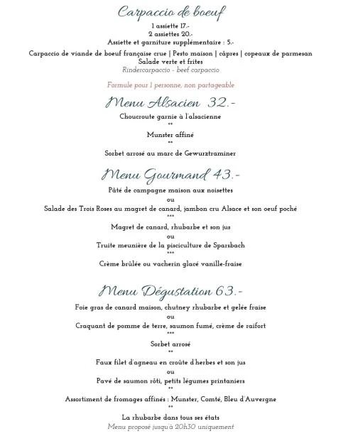 Carte du restaurant avril 2026