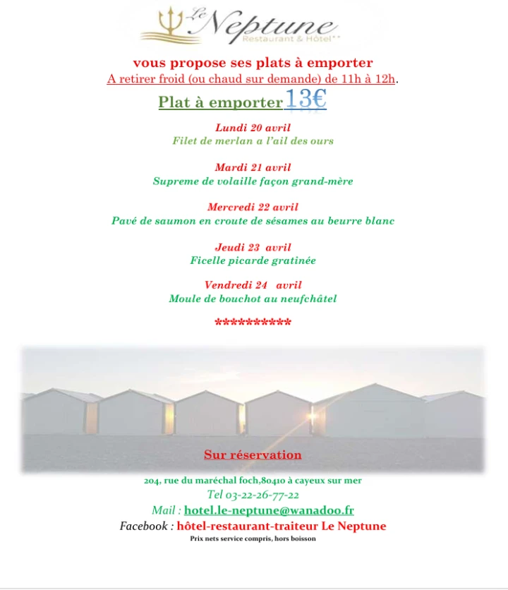   Menu à emporter du 20 au 24  avril  2026