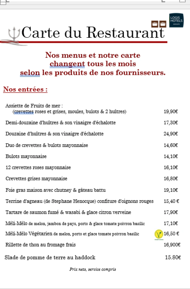   Carte des entr&eacute;es