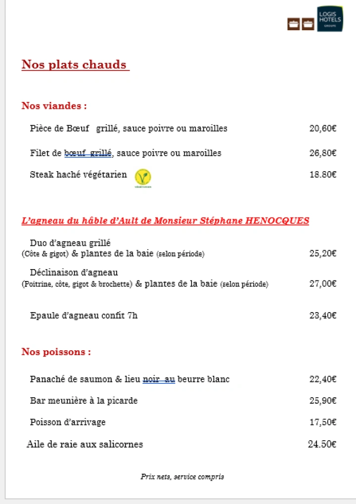   Carte des Plats