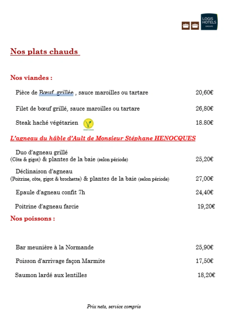   Carte des Plats